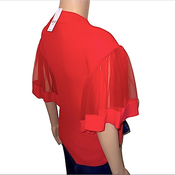 *NWOT 7th Avenue Design Studio NY&C- Red Ribbed Sweater with Tulle Sleeves - Picture 5 of 10